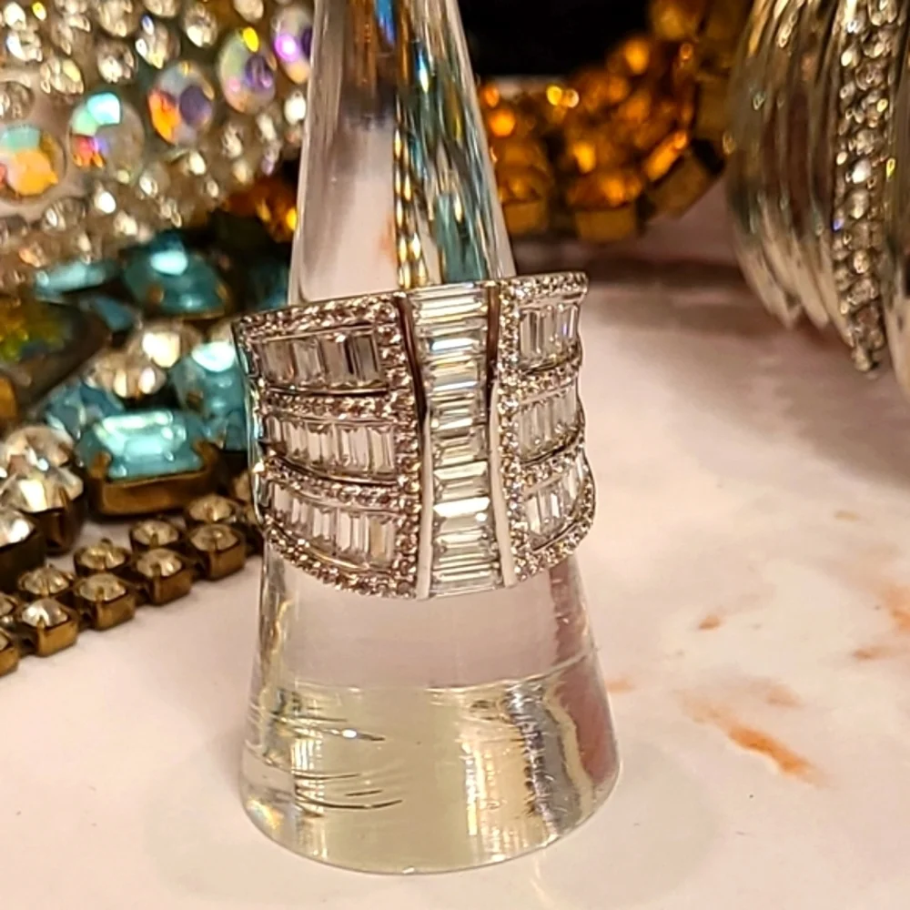 Tapered Baguette & Round White Diamond Sterling Silver Ring Sz 8